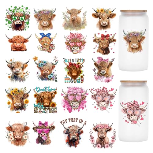 UV DTF Glass Cup Wrap Transfer-8 Sheets Highland Cow Theme UV DTF Stickers for 16oz Glass Decals Waterproof Personalized Rub On Transfers for Crafts and Furniture DIY Holiday Presents