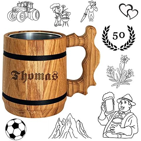 Bier Geschenk personalisiert - Holz Bierkrug mit Edelstahl Becher 0,5 L - Gravur mit Name - für Männer, Vater, Biertrinker - beliebte Alternative zum Bierglas, Glaskrug, Tasse Cover