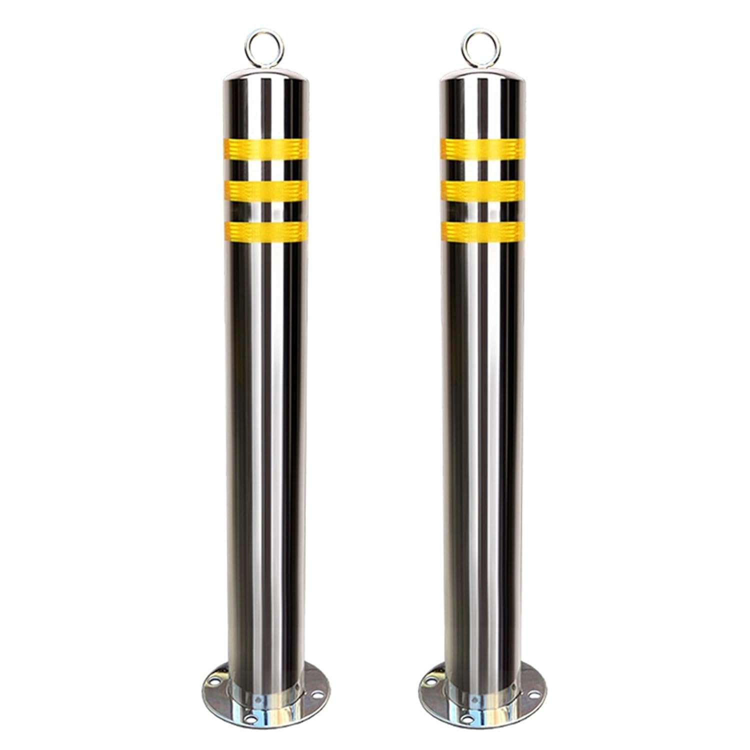 SGKOMN High Visibility Yellow Steel Bollard Post - Reflective Traffic Control Barrier with Hanging Ring for Driveway Safety, 23.6 * 3in(2pcs)