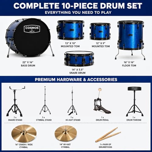 Image of ARCTIC COSMOS 5 Piece Complete Acoustic Drum Kit /Drumset with drumsticks, Cymbals and throne - With Hardware. Best Sounding shells, most durable build. (Blue)