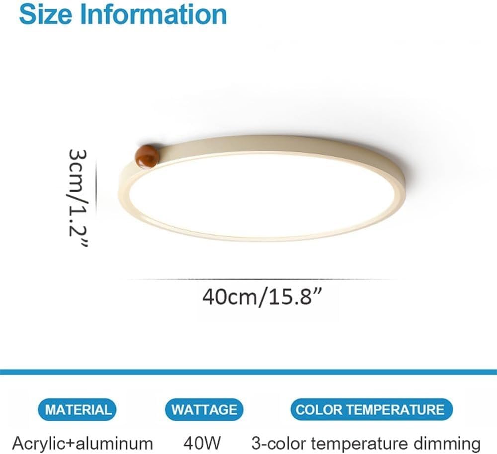 Modern LED Ceiling Light, 3-colors Dimming Close to Ceiling Light Minimalist Flush Mount Ceiling Light, Fixture with Acrylic Lampshade for Bedroom Living Room Bathroom Laundry Room(40cm)
