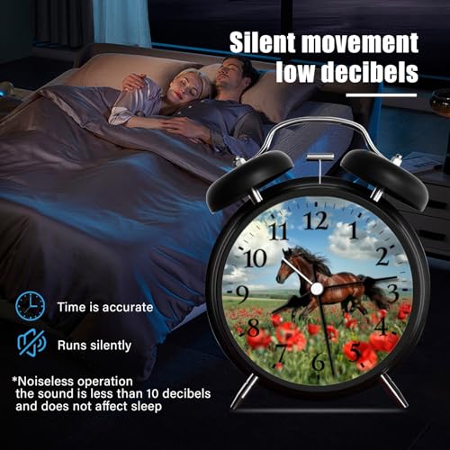 Kyvita Analog Alarm Clock with Night Light,Silent Sweep Movement Battery Powered Compact Table Clock for Bedroom Office-Beautiful Brown Horse Galloping Through Poppy Field