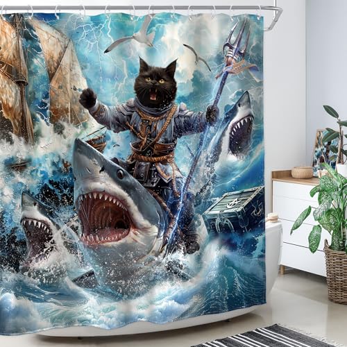 Image of Funny Black Cat Shower Curtain Riding Shark Surfing 60Wx72H Inch Decor