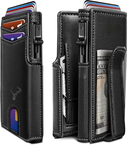 Image of VOGARD Slim RFID Blocking Wallet for Men | Pop-Up Card Holder with Money Clip & Coin Pocket | Magnetic Flip Leather Wallet | Holds 9 Cards, Cash & Keys | Black