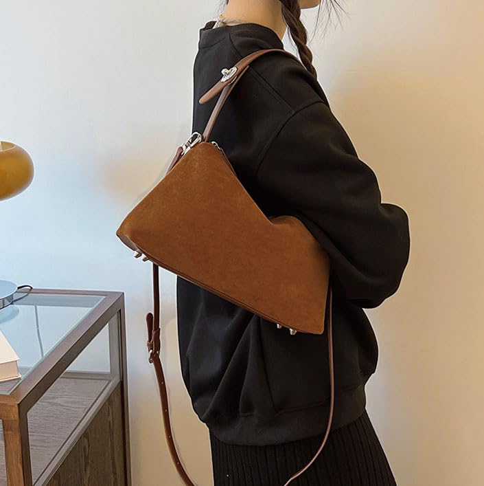 Image of Suede Shoulder Bags For Women Crossbody Bag Suede Tote Bag Satchels Slouchy Work Purses Crescent Handbag Fall Top Handle