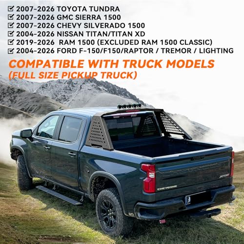 Image of Adjustable Roll Bar Full Size Compatible with Truck - F-Series /F150 /Ranger /Tremor /Lighting, Ram 1500 TRX Series, Silverado 1500, Gmc Sierra 1500, Tundra,Titan Xd | No Drilling Installation
