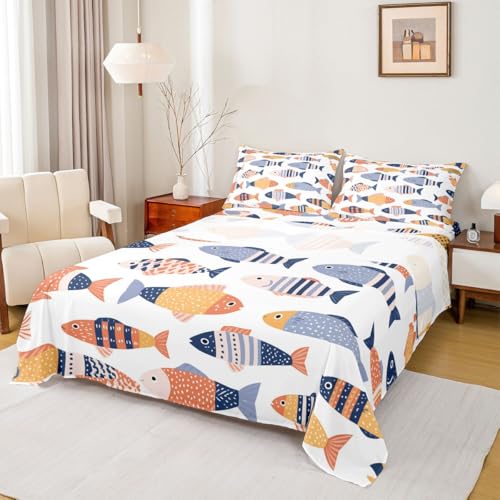 Image of jejeloiu Fish Bed Sheets Set Twin Size Ocean Sea Animal Bed Set for Kids Boys Girls Marine Theme Deep Pocket Fitted Sheet Marine Theme Breathable Soft Lightweight Microfiber