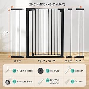 COMOMY 36″ Extra Tall Baby Gate for Stairs Doorways, Fits Openings 29.5″ to 48.8″ Wide, Auto Close Extra Wide Dog Gate for House, Pressure Mounted Easy Walk Through Pet Gate with Door, Black