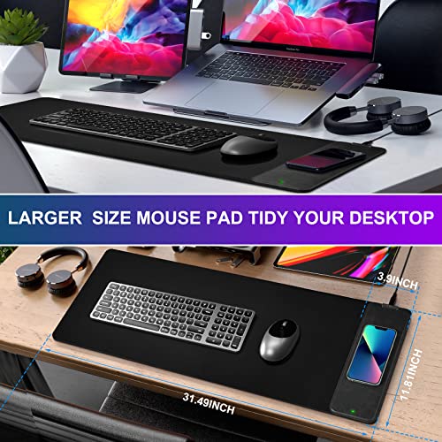 Mouse Pad With 10W Wireless Charger, Cloth Desk Pad And Leather Wireless Charging Pad 2In1, Office Desk Mat, Non-Slip Keyboard Pad, Wireless Charging Mouse Pad For Office And Home【Black-31.4" X 11.8"】 #TOP2