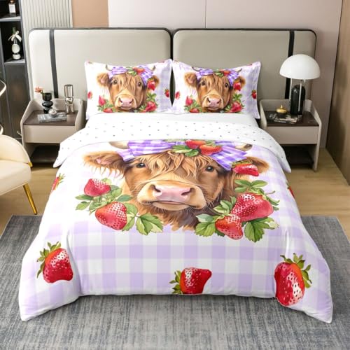 Erosebridal Buffalo Plaid Highland Cows Girly Rustic Purple 100% Cotton Duvet Cover Twin Size | Wildlife Animal Bedding Set Bull Cattle Comforter Cover Strawberry Soft Breathable Bedclothes