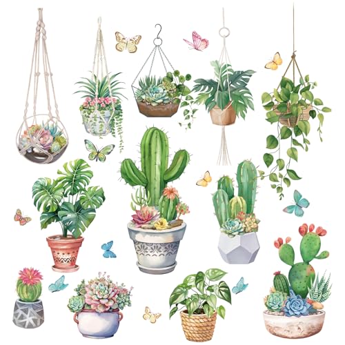 Fufuquare Pegatinas de Pared de Cactus y Suculentas de la Naturaleza Verde Vinilos para Pared de Mariposas Para Pelar y Pegar y Arte Botánico para el Hogar