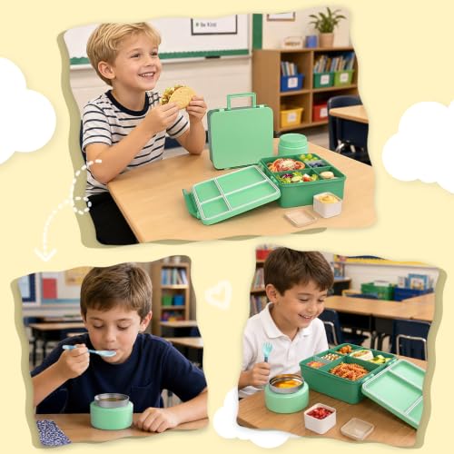 Image of Kids Lunch Box 4 Compartment Bento with 8oz Food Jar,Green