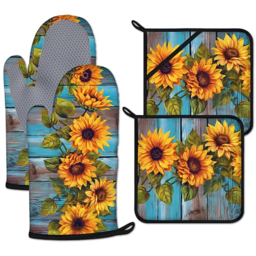 Rustic Sunflower Wood Grain Oven Mitts and Pot Holders Sets 4 Pcs Vintage Silicone Kitchen Gloves Heat Resistant Potholders for Baking Grilling BBQ