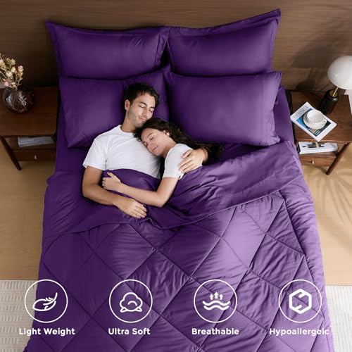 HEVUMYI Purple Queen Comforter Set - 7-Piece All Season Bed in a Bag Queen, Ultra Soft Bedding Set with Comforter, Flat Sheet, Fitted Sheet, Pillowcases, Pillow Shams