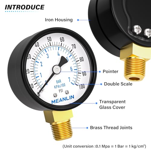 meanlin measure 0-100psi 234 dial face 1434 npt well pump pressure gauge with 1234 npt and 3834 npt hex bushing 3-2-3 accuracy lower mount