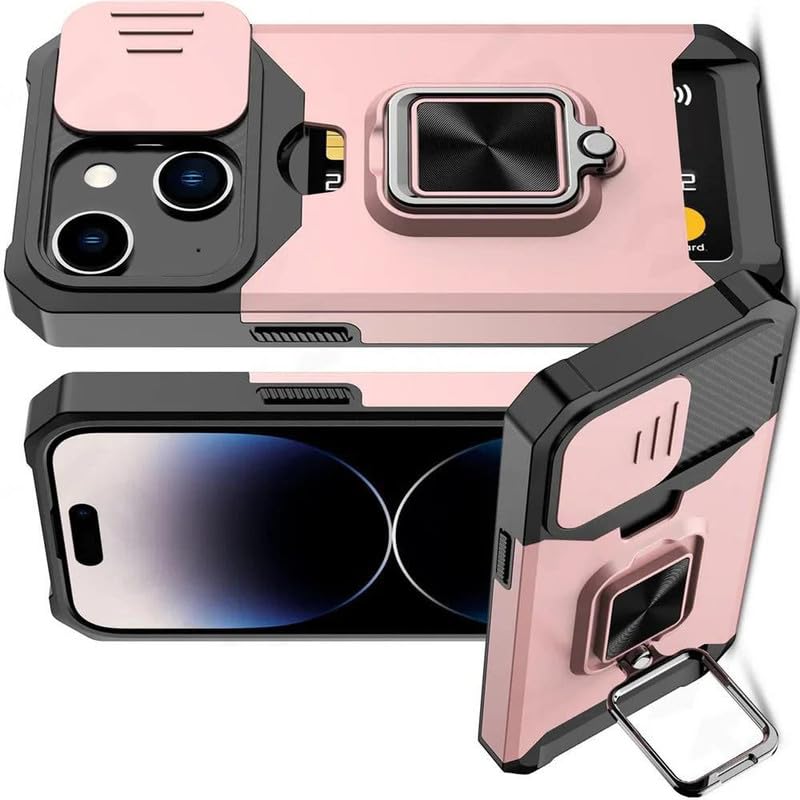 Image of LuxuryKase Shockproof Armor Case for iPhone 13 | Slide Camera Cover | Hidden Card Slot | Rotating Ring Kickstand | Magnetic Car Mount Support | Military Grade Protection - Rose Gold