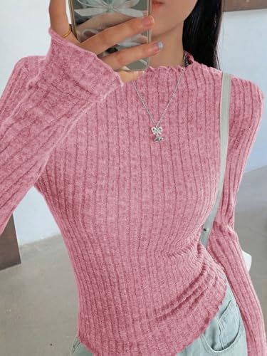 PRETTYGARDEN Fall Going Out Tops for Women Trendy Mock Neck Long Sleeve T Shirts Casual Soft Lightweight Dressy Blouses Top (Pink, Medium) — view 5