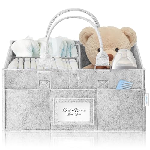 AJIEQAQ Wickeltisch Organizer Filz Grau - Baby Windelcaddy mit Flexiblen Fächern & Bilderrahmen - Tragbare Windeltasche & Aufbewahrungskorb für Neugeborene und Kleinkinder