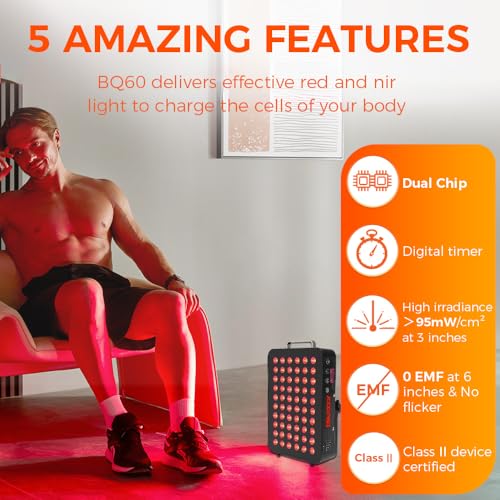 BestQool Red Light Therapy, Dual Chip Clinical Grade LED Device with Near-Infrared Light 660nm 850nm High Power Panel, Ideal for Body, Face, Recovery, Improve Sleep, Skin Health, 105W (Black 60)