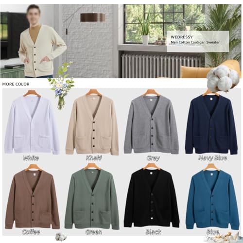 Men's Cotton Cardigan Sweater,Men's Long Sleeve V Neck Knitted Casual Basic Relaxed Fit Fall Winter Sweaters with Pockets3