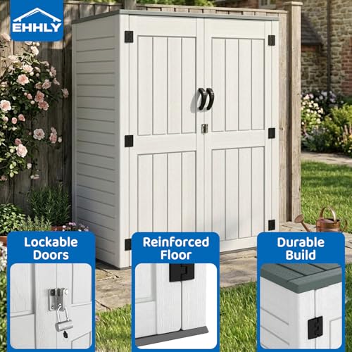 Image of EHHLY Vertical Resin Storage Shed, 60 Cuft Garden Tool Sheds & Outdoor Storage, Plastic Outdoor Storage Cabinet Waterproof, 4.5 x 2.3 ft Backyard Outside Lawn Mower Storage Shed, Light Grey