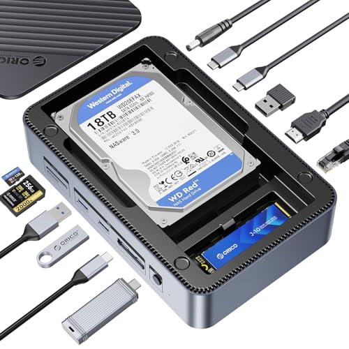 ORICO 12-in-1 USB-C ドッキングステーション M.2 SSD ケース NVMe/SATA対応&2.5/3.5インチ HDD、10Gbps伝送、内蔵ファン、4K@60Hz HDMI、SD/TFカードリーダー、イーサネット、100W PD対応 - D35M2