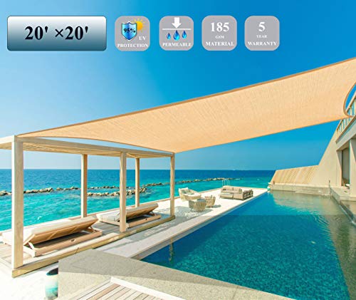Garden EXPERT 20'x20' Sun Shade Sail Sand Large Square Canopy Sail Shade Cloth