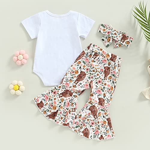 Western Baby Girl Clothes Letter Print Short Sleeve Romper Cow Print Flare Pants Headband 3Pcs Summer Outfits Set3