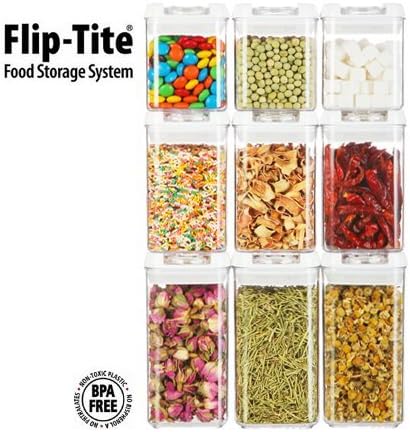(Functional Storage Container)Flip-tite canister collection. Spice set. (9 pcs/set), Small portion storage, smart display your spices. (clear ring/square/3 size) Stackable. Unique condiment canisters.