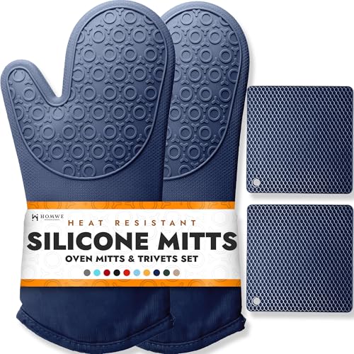 Image of BPA-Free Soft Silicone 4 Piece Oven Mitts & Trivets Set - Ultra Heat Resistant Oven Mitts with Thick Cotton Liner - Long Slip Resistant Pot Holders, Flexible Oven Gloves - Navy