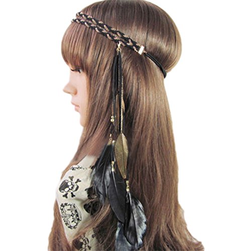 BUYITNOW Women Feather Headband Stretchy Braided Leaf Bead Hair Tassels, Black, One Size