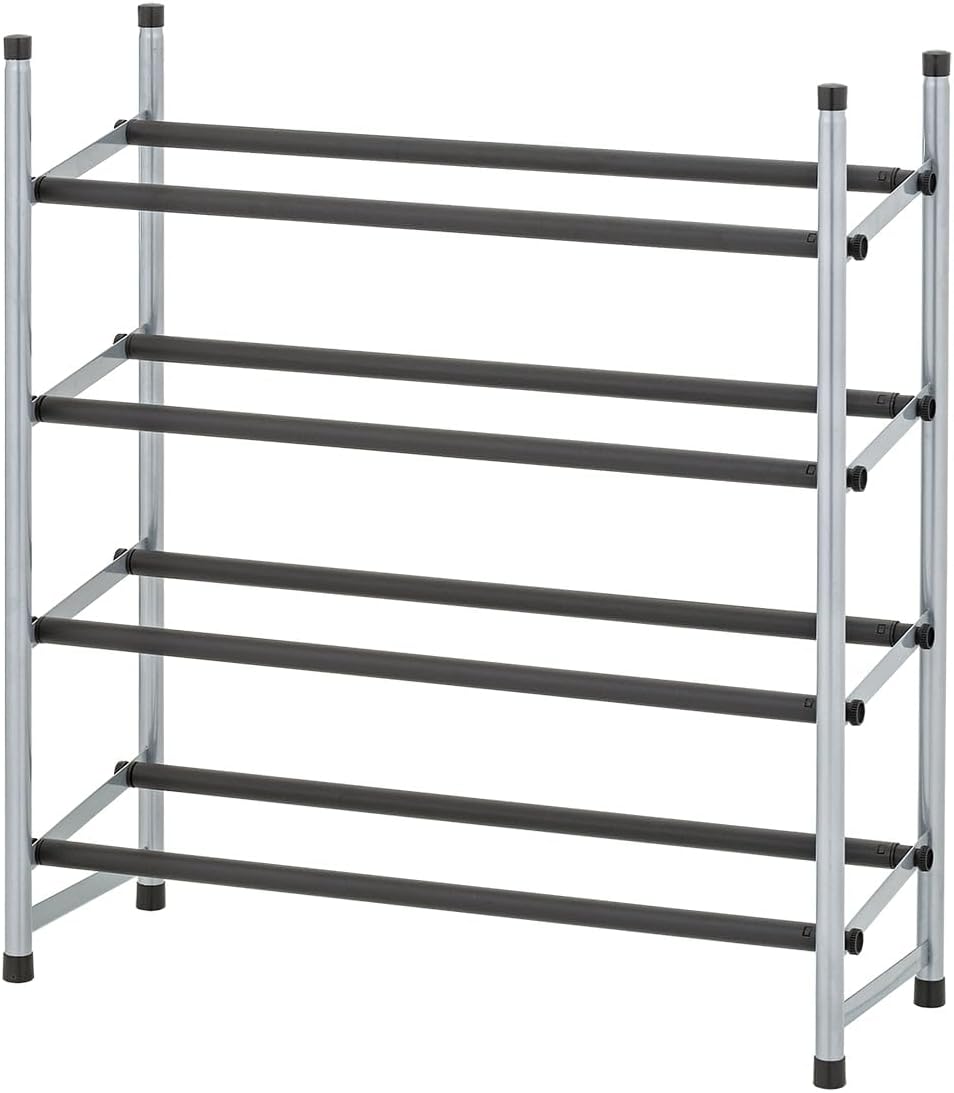 4 Tier Expandable Shoe Rack, 24.4" to 45.5" Wide x 9.1" Deep x 26.8" High – Metal Frame with Non-Slip Rods – Holds Up to 20 Pairs – Stackable Design – No-Tools Assembly – Black/Silver