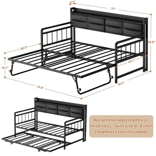 Homieasy Twin Daybed with Trundle, Upholstered Headboard & Charging Station, Sofa Bed with Pop-up Trundle Bed for Living Room, Bedroom, Guest Room - Black - Thumbnail 3