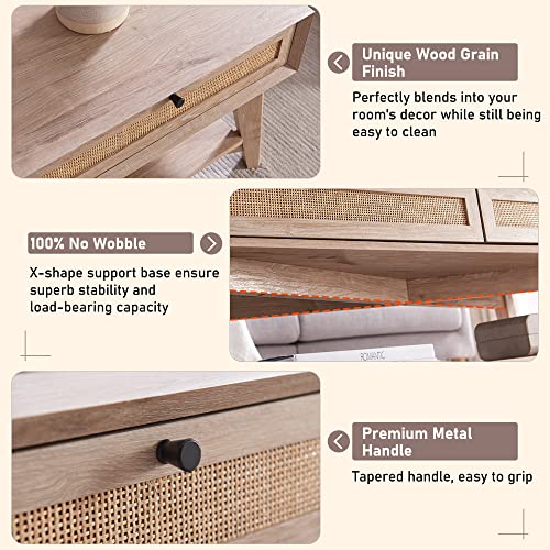 Okd 48" Coffee Table With Natural Rattan Drawers, Mid Century Modern 2-Tier Center Table With Open Storage Shelf, Boho Rectangular Wood Cocktail Table For Living Room, Oak #TOP3