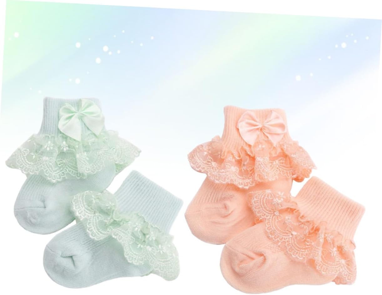 2 Pairs Lace Bow Socks for Years Old Warm Breathable Stockings with Soft Elasticity Creative Green and Orange Knee High Socks for Autumn and Winter
