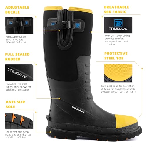 Steel Toe Rubber Boots for Men with Steel Shank, Anti Slip Waterproof Mens Mud Boots Hunting Work Boots, Durable Rain Boots for Construction, Farming, Size 6-144