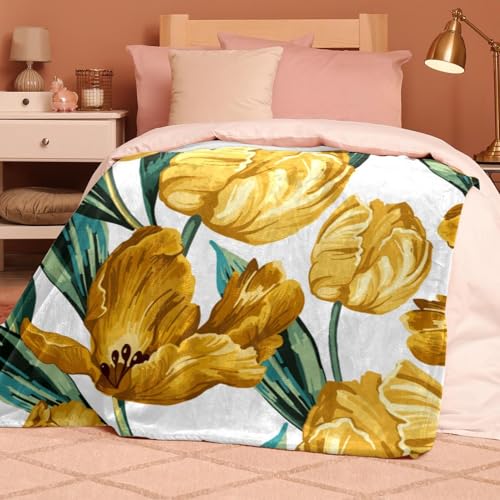 Couverture polaire douce motifs fleurs jaunes format plaid - 8