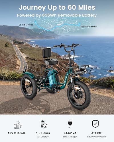 Image of MOONCOOL Electric Tricycle for Adults, 20 inch x 4 inch Fat Tire Electric Trike, 48V 500W 3 Wheel Electric Bike, 7 Speed E Trikes for Adults with Removable Battery, Aluminum Frame & Large Basket