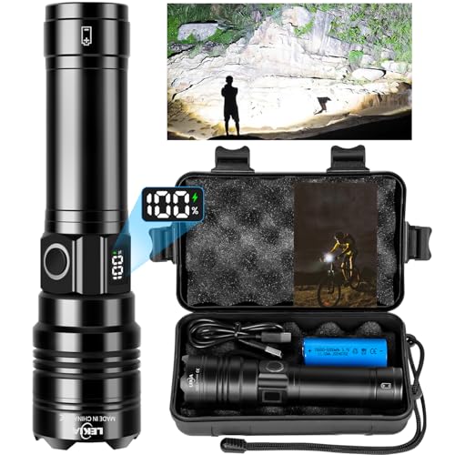 LEKIA Linterna Alta Potencia, 500000 Lúmenes USB C Recargable Potente Linterna LED de Largo Alcance, Militar Linterna Súper Brillante 5 Modos Policial Linternas para Emergencia, Senderismo, Camping