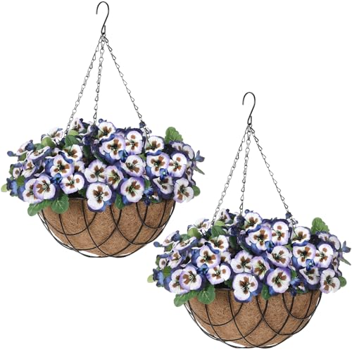 Canlierr 2 Pack Artificial Hanging Flowers in Basket for Spring Summer Outdoor Decor Fake Hanging Plant Faux Pansy Flower with 12 Inch Coconut Lining Basket for Patio Garden Porch Home(Purple)