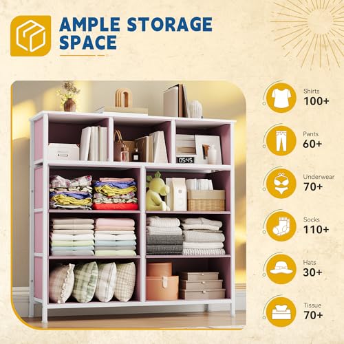DWVO Dresser for Bedroom with 9 Drawers, Fabric Storage Dresser for Living Room, Closets - Sturdy Steel Frame, Wooden Top & Easy Pull Fabric Bins(Pink)