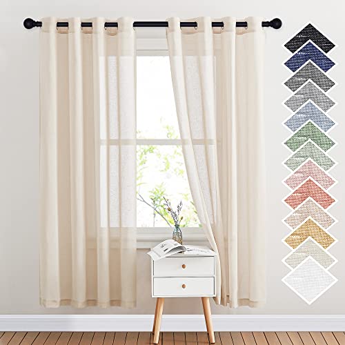 NICETOWN Natural Open Linen Weave Flax Sheer Window Curtains, Ring Top Translucent Textured Drapes Privacy with Light Through for Bedroom/Living Room, Beige, 52" Wide by 72" Long, 2 Pieces