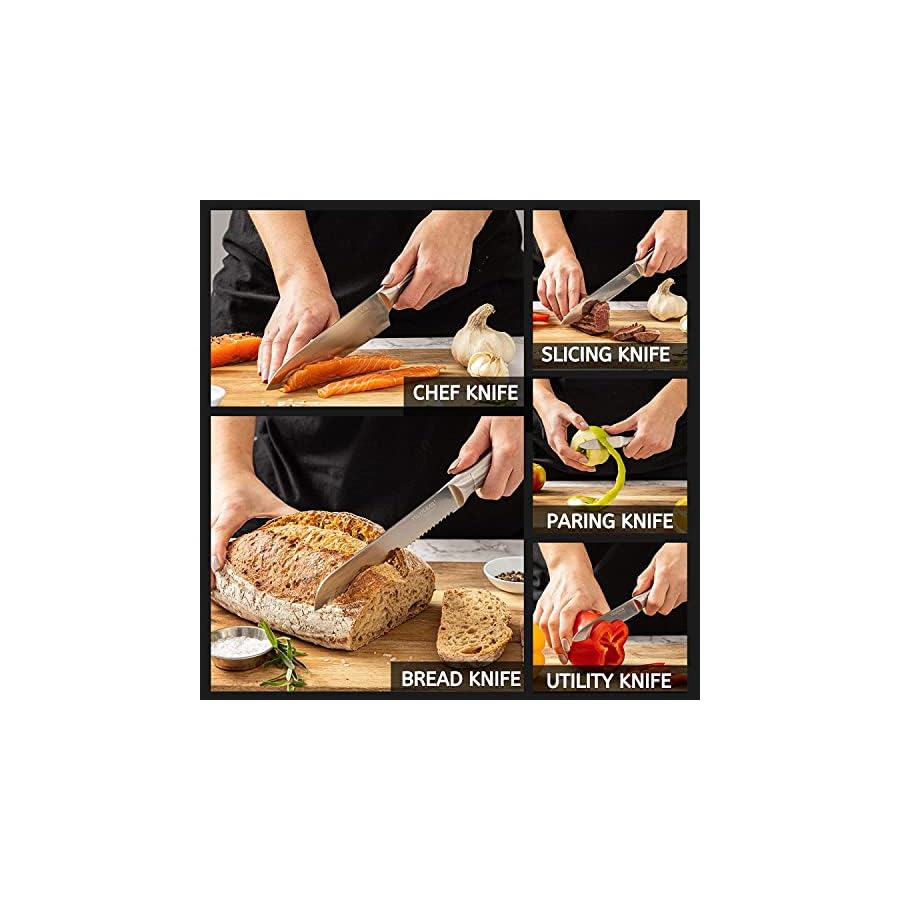 nuovva Kitchen Knife Block Set – 14-Piece Knife Set with Hardwood Block – Stainless Steel Blades – Hollow Knife Set for Chopping, Slicing, Dicing