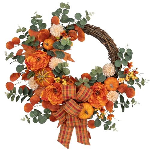 24 Artificial Fall Half Wreath for Front Door Autumn Wreath with Pumpkin Peony Eucalyptus Chrysanthemum and Ribbon for Halloween Thanksgiving Day Indoor Outdoor Farmhouse Window Wall Decor