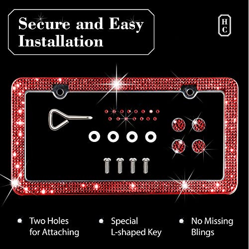 H C Hippo Creation RS-LPF-R Diamond Rhinestone Bling License Plate Frames For Women, Men - 2 Pack Handcrafted Bedazzled License Plate Cover With Glittery Crystal Screw Caps Stainless Steel - Sparkle Car License Plate Frame Red thumb #2