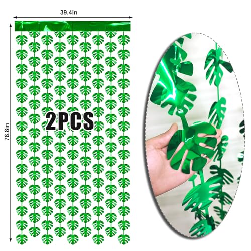 Image of 2 Packs Jungle Leaf Foil Fringe Curtain, Green Glitter Tropical Palm Leaves Metallic Tinsel Backdrop for Safari Birthday, Baby Shower, Hawaiian Aloha Luau Party Decorations Supplies