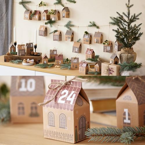 LEMESO アドベントカレンダー 2025 箱 手作り 24枚セット クリスマス ラッピング 袋 紙袋 クリスマス 飾り オーナメント ギフトバッグ プチギフト 包装 ハウス型 丸紐付き