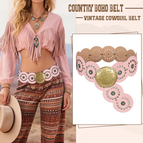 Image of XZQTIVE Western PU Leather Belts for Woman Concho Cowgirl Cowboy Disc Belt for Ladies Wide Boho Country Waist Belts for Dress