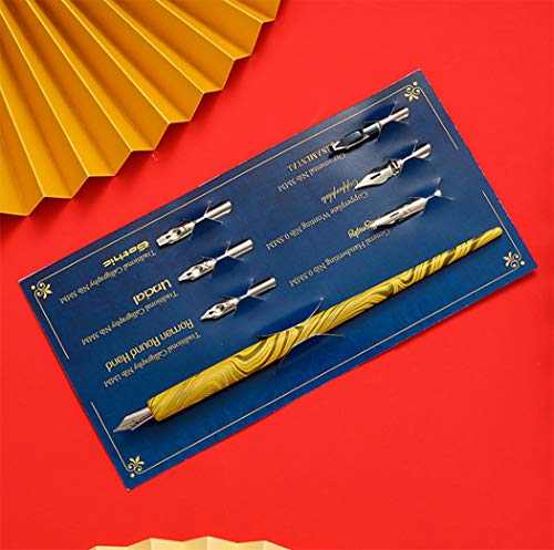 Hillento Marble Wood Manga Calligraphy Drawing Pen Kit, Professional Comic Dip Pen, Includes 2 Comic Pen Holders Handles, 12 Nibs For Lettering Sketching, Art, Calligraphy, Blue And Yellow #TOP3
