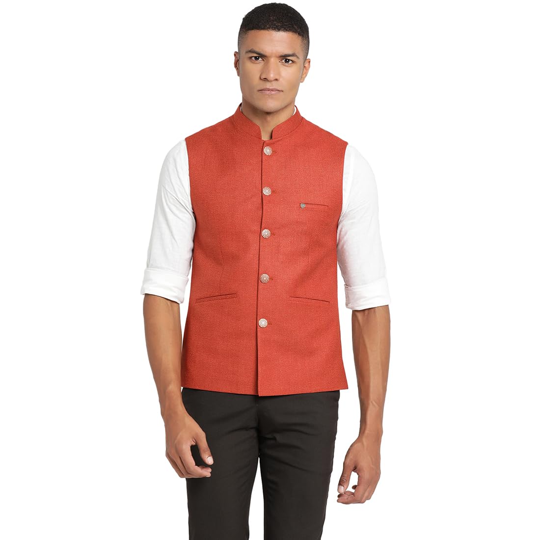 Men Terylene Rayon Orange Printed Formal Nehru Jacket-image-35